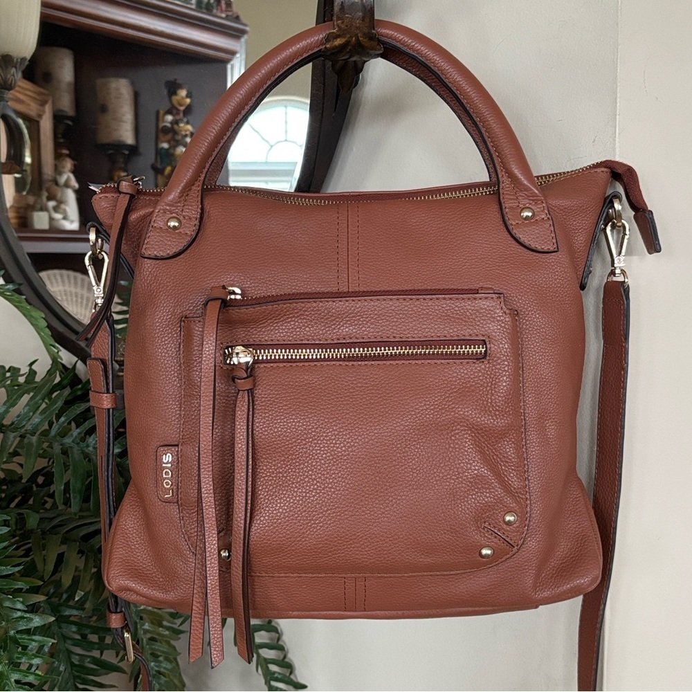 LODIS Genuine Leather Brown Malone Small Satchel Top Zip Handbag Crossbody Purse